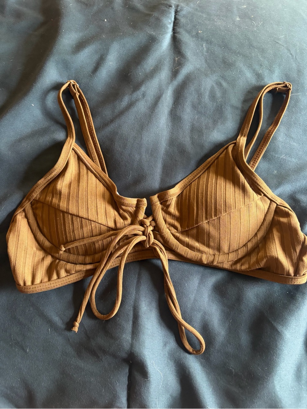 Ribbed Drawstring Bikini Top - Caramel Brown